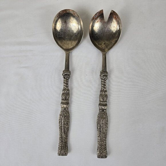 Vintage Silea Silver Plate Salad Servers Tassel Look Handles Heavy Weight - Picture 1 of 9